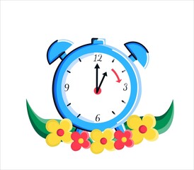 Daylight saving time fall back concept. Cartoon clock  with red autumn leaves. Vector flat illustration