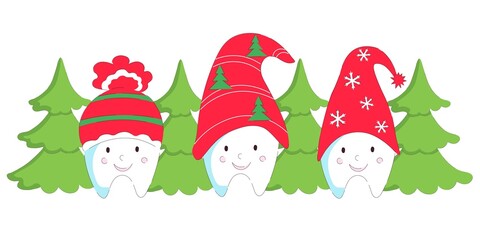 Obraz na płótnie Canvas Set of cute Christmas teeth in Santa hats with new year tree. Vector holiday illustration