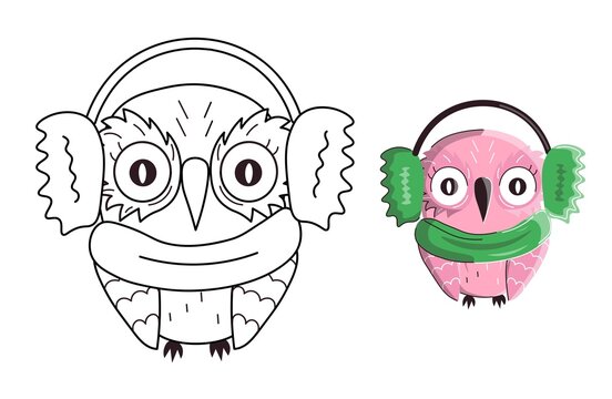 Kids coloring book page with owl in headphones and scarf. Vector outline illustration