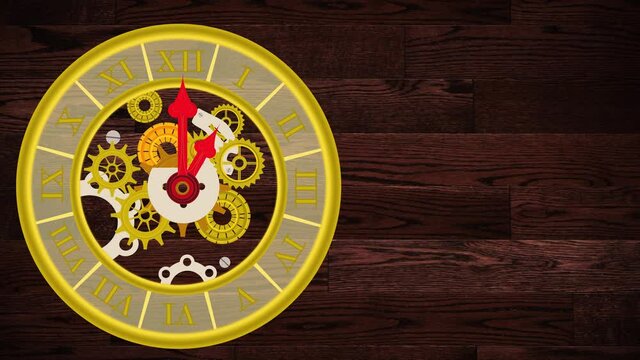Reloj dando las doce horas y mecanismo de ruedas dentadas a la vista