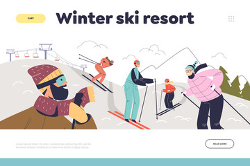 Winter ski resort concept of landing page with people enjoy recreation sport activity skiing