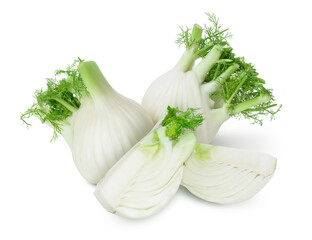 fresh fennel bulb with slice isolated on white background with full depth of field