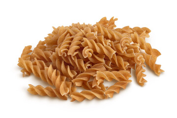 Wolegrain fusilli pasta from durum wheat isolated on white background with clipping path and full...
