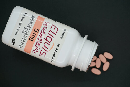 CHICAGO, UNITED STATES - Oct 01, 2021: A bottle of Eliquis prescription blood thinner medication to treat blood clots and prevent stroke.