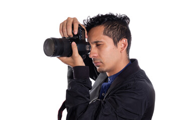 Man taking a picture with a professional camera. White background.