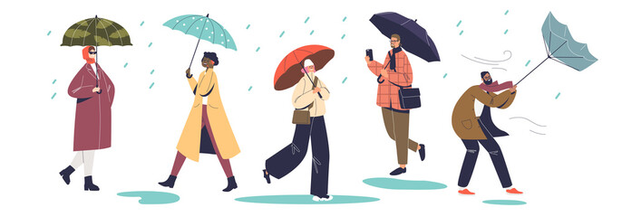 Rainy autumn weather: people walk holding umbrellas under rain struggling with cold wind