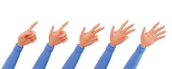 Set of cartoon hands counting from one to five, a 3d illustration isolated on a white background. Cartoon character's hands Count up to 5. 3d rendering, female hands in a sweater. Set of hand gestures