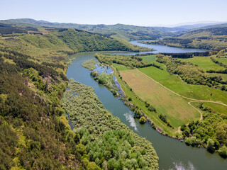 Fototapeta premium Aerial view of Topolnitsa Reservoir, Bulgaria