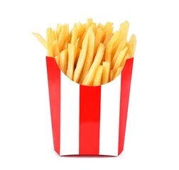 French fries in a red white box isolated on white background.