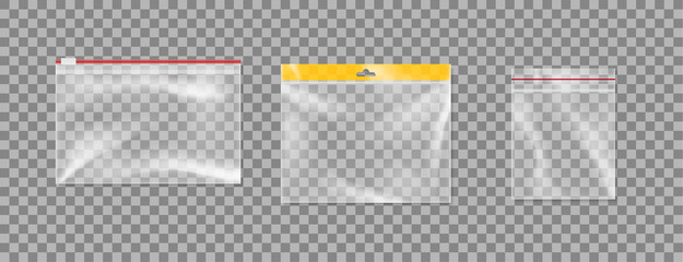 Plastic pouches set with zip locks. Clear zipper bags. Nylon waterproof empty pockets envelopes © Iryna Petrenko