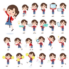 スマートフォンなどのデジタル機器を持つセールスはっぴ女性のセット