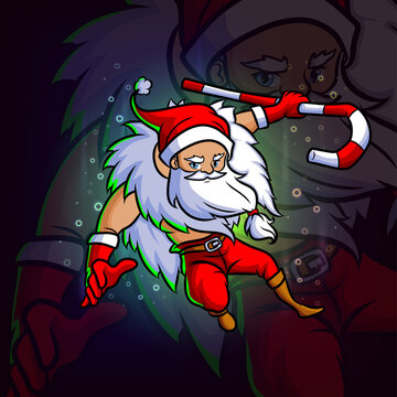 The Cool Santa With Candy Stick Esport Mascot Design