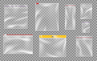 Set of realistic plastic zipper bags with zip locks. Clear ziplock packages for food storage © Iryna Petrenko