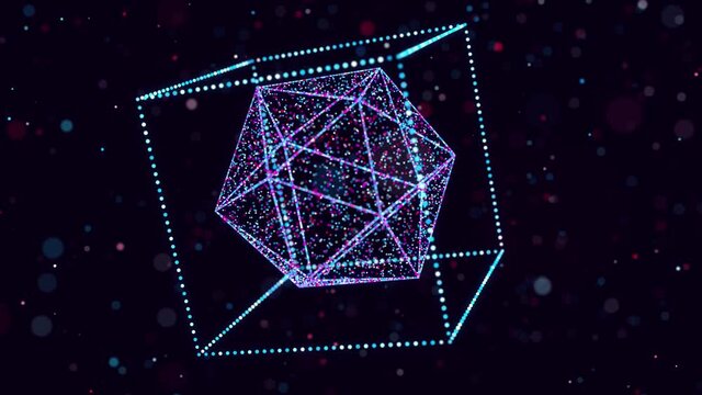 Abstract glow particles form 3d object in space. Cube. Vj loop as bg of virtual digital space. Particles form holoram shape as concept of big data, network or vr space. Sci-fi motion design bg.