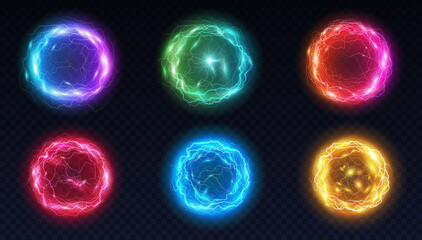 Energy balls and plasma sphere, electric lightning and light flash sparks. Magic lightning discharge - obrazy, fototapety, plakaty