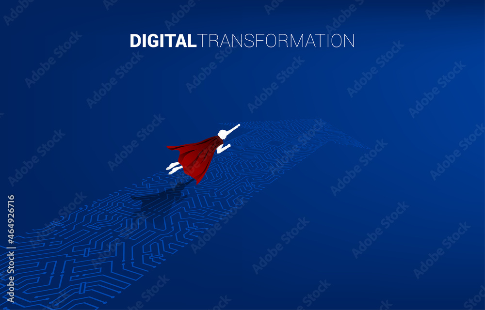 Poster silhouette of flying on the arrow dot connect circuit board style. concept of digital transformation