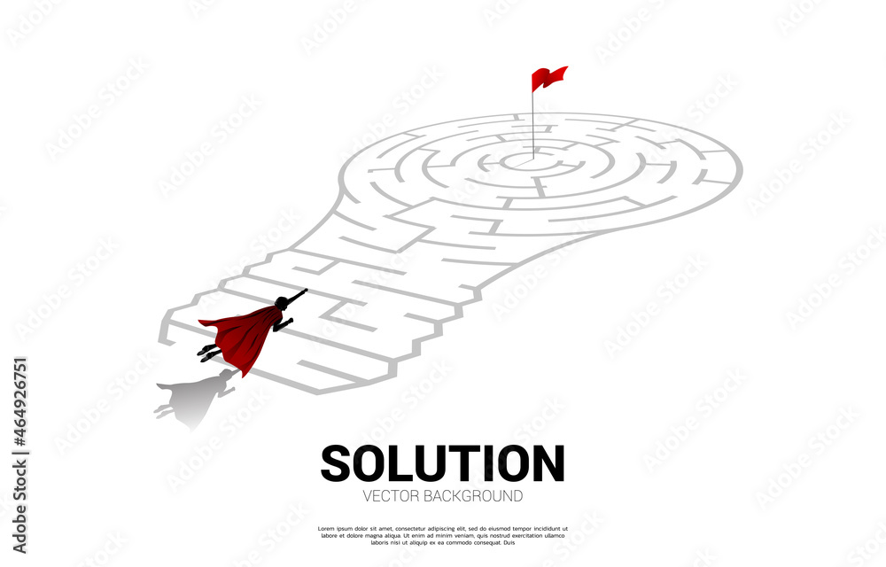 Poster Silhouette of businessman flying on Light bulb with from maze game. Business concept for problem solving and finding idea.