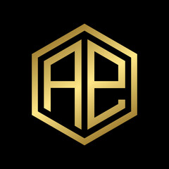golden initial letter AE hexagon logo design vector