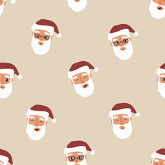Happy Santa Claus seamless pattern. Vector Christmas illustration of Santa heads, faces emotions on beige background