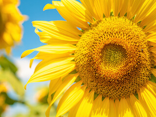 Naklejka premium beautiful yellow sunflowers blooming on the farmland