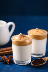 Dalgona coffee, Fluffy cream coffee whipping on iced or hot milk, Korean coffee style