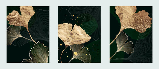 Luxury dark art background with golden ginkgo leaves. Botanical poster set for print, home decor, design