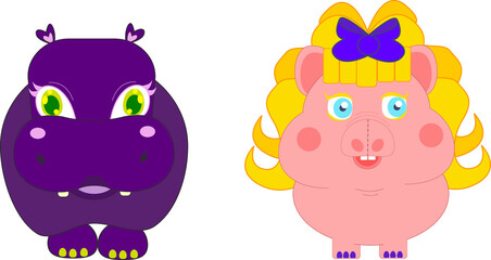 Set of two anthropomorphic animals. One pig. One hippo. Vector of 2 best friend girl animals.
