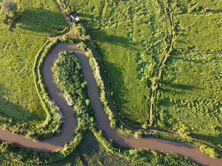 Streams meander in agricultural areas during the rainy season with plenty of water. Green and warm in the morning sunshine.