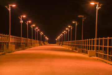 Bridge with railing and street lights in night