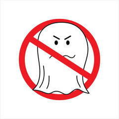No ghost sign. Red circle. Prohibited icon. Cartoon style. Monster picture. Hand drawn. Vector illustration. Stock image.