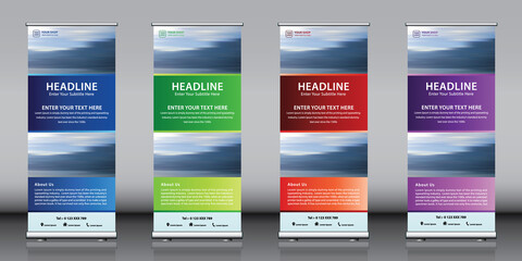 Banner Template, Abstract Blue, Green, Red and Purple Geometric Background vector. Business Roll Up Set. Standee Design. Pull up banner, j-flag, x-stand, x-banner, exhibition display