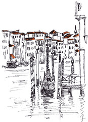 Venice, Grand canal, graphic black and white linear drawing, travel sketch