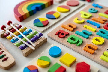 Montessori material. Flat lay. Copy space. Rainbow colors