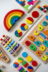 Montessori material. Flat lay. Copy space. Rainbow colors