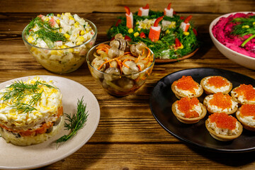 Christmas dinner set of food on a wooden table