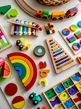 Variety of brightly colored children toys. Flat lay. Copy space.