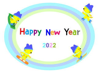 令和四年の年賀状の素材。寅がウインタースポーツを楽しんでいる。