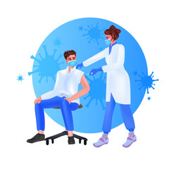 female doctor in mask vaccinating male patient fight against coronavirus vaccine development covid-19 protection