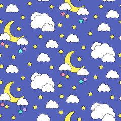 Clouds, moon and stars. Vector seamless pattern with cute cartoon elements. Best for textile, wallpapers and  nursery decoration.