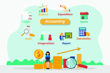 Accounting vector concept. Businesswoman using a laptop while sitting on the pile of coins with accounting word background