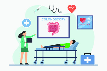 Colonoscopy vector concept. Female doctor examining bowel of patient while using a laptop in the hospital