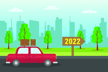 New year vector concept. Red car moving on the road with 2022 numbers on the signpost
