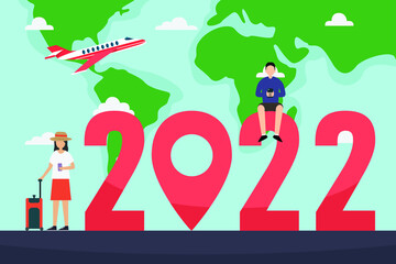 New year resolution vector concept. Two young people using cellphone while travelling around world with 2022 numbers background