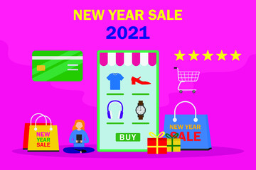 New year sale vector concept. Young woman animation using a mobile phone to shopping online while sitting with new year sale 2022 text