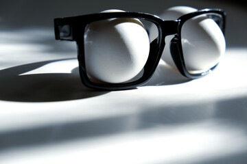 Two white eggs and black frame of eyeglasses, Minimal conceptual still life. Blurred and soft focus