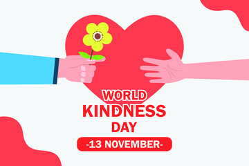 World kindness day vector concept. Young man hands giving a flower to his girlfriend with heart symbol background