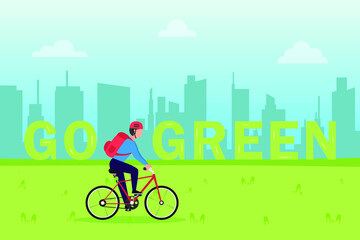 Go green vector concept. Young man wearing a red helmet while riding bicycle at the park with go green text background