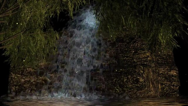 Animated waterfall from the side. Animate Waterfall in the woods. waterfall in beautiful 
night with firefly .