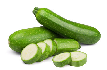 Ripe zucchini and zucchini slices isolated on white background. Fresh vegetables.
