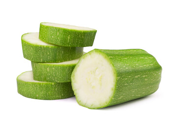 Ripe zucchini sliced into slices isolated on white background. Fresh vegetables.